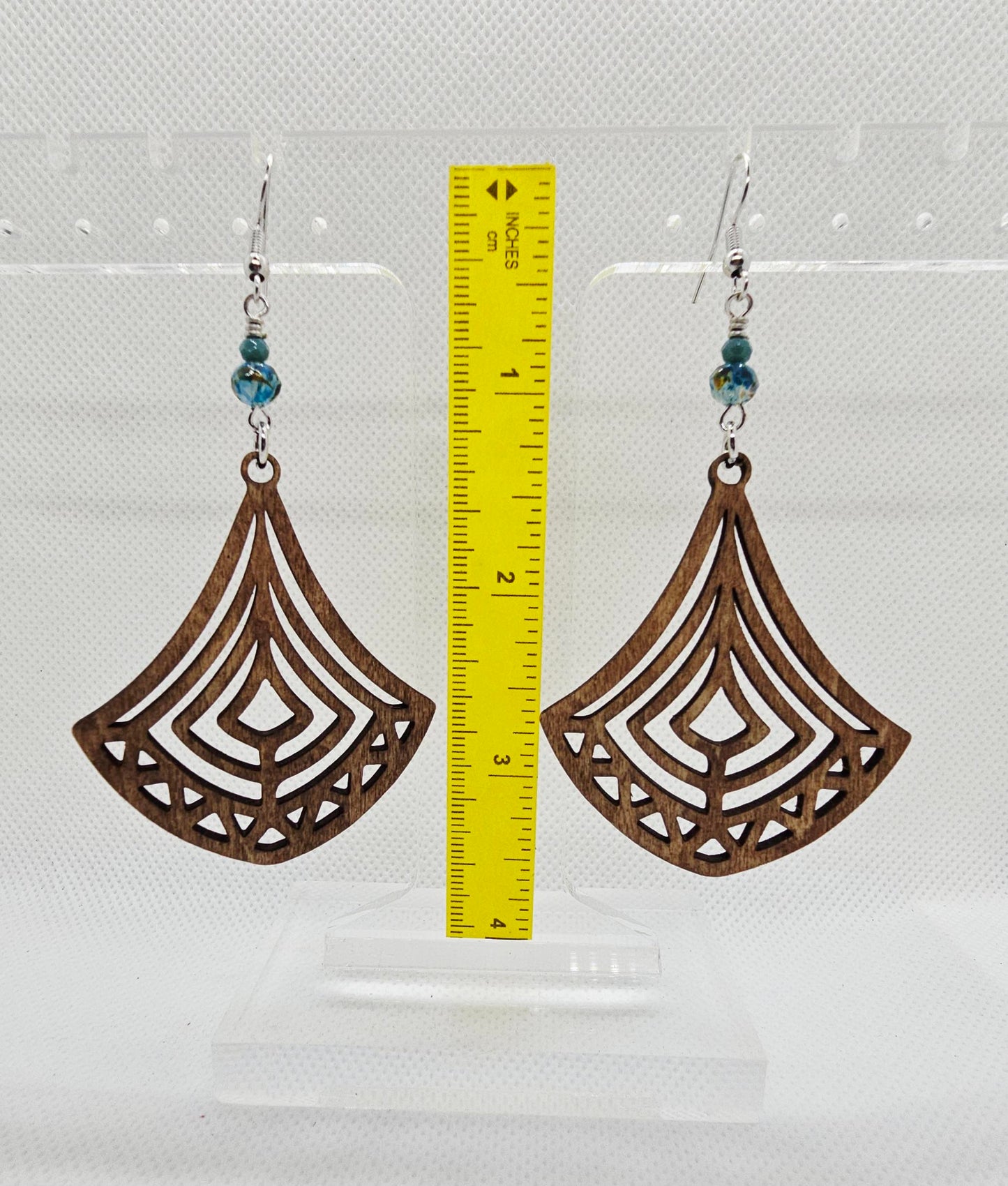 Wood Stained Turquoise Beads Boho Fan Teardrop Laser Cut Wooden Lightweight Earrings