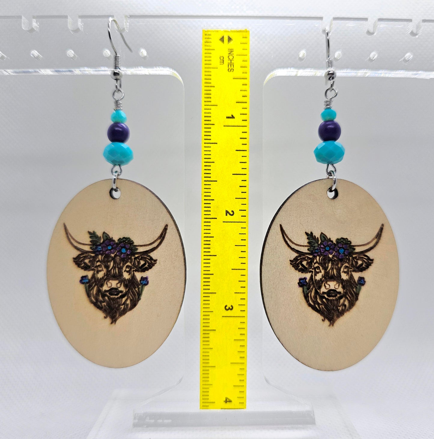 Highland Cow Hand Painted Laser Engraved Wooden Lightweight Earrings