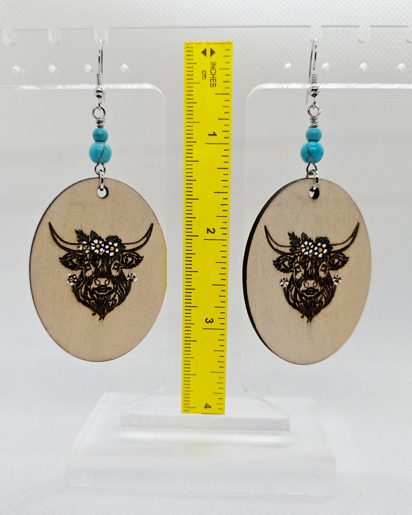 Highland Cow Hand Painted Laser Engraved Wooden Lightweight Earrings