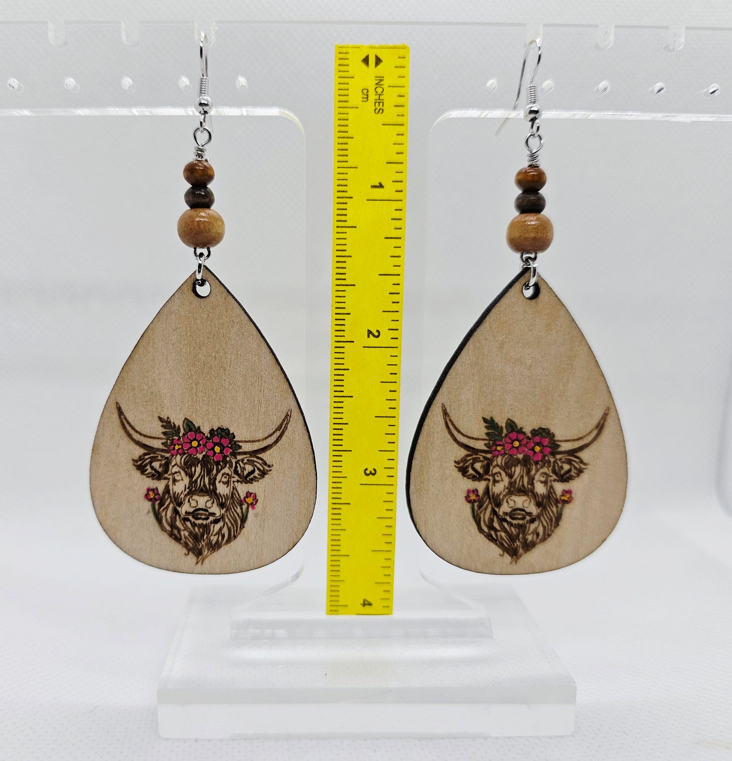 Highland Cow Hand Painted Laser Engraved Wooden Lightweight Earrings