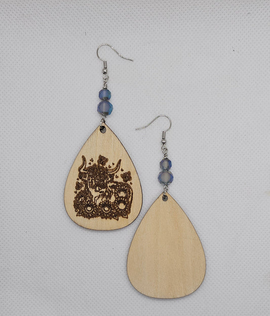 Cow in Field of Flowers Laser Engraved Wooden Lightweight Earrings