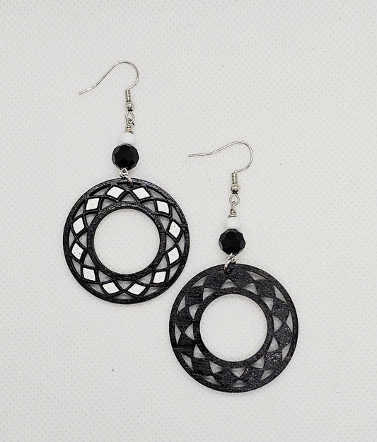 Hand-Painted Black and White Round Boho Laser Cut Wooden Lightweight Earrings