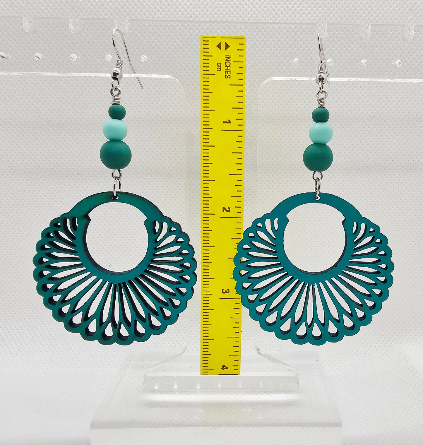 Hand-Painted Teal Color Round Scalloped Filigree Laser Cut Wooden Lightweight Earrings