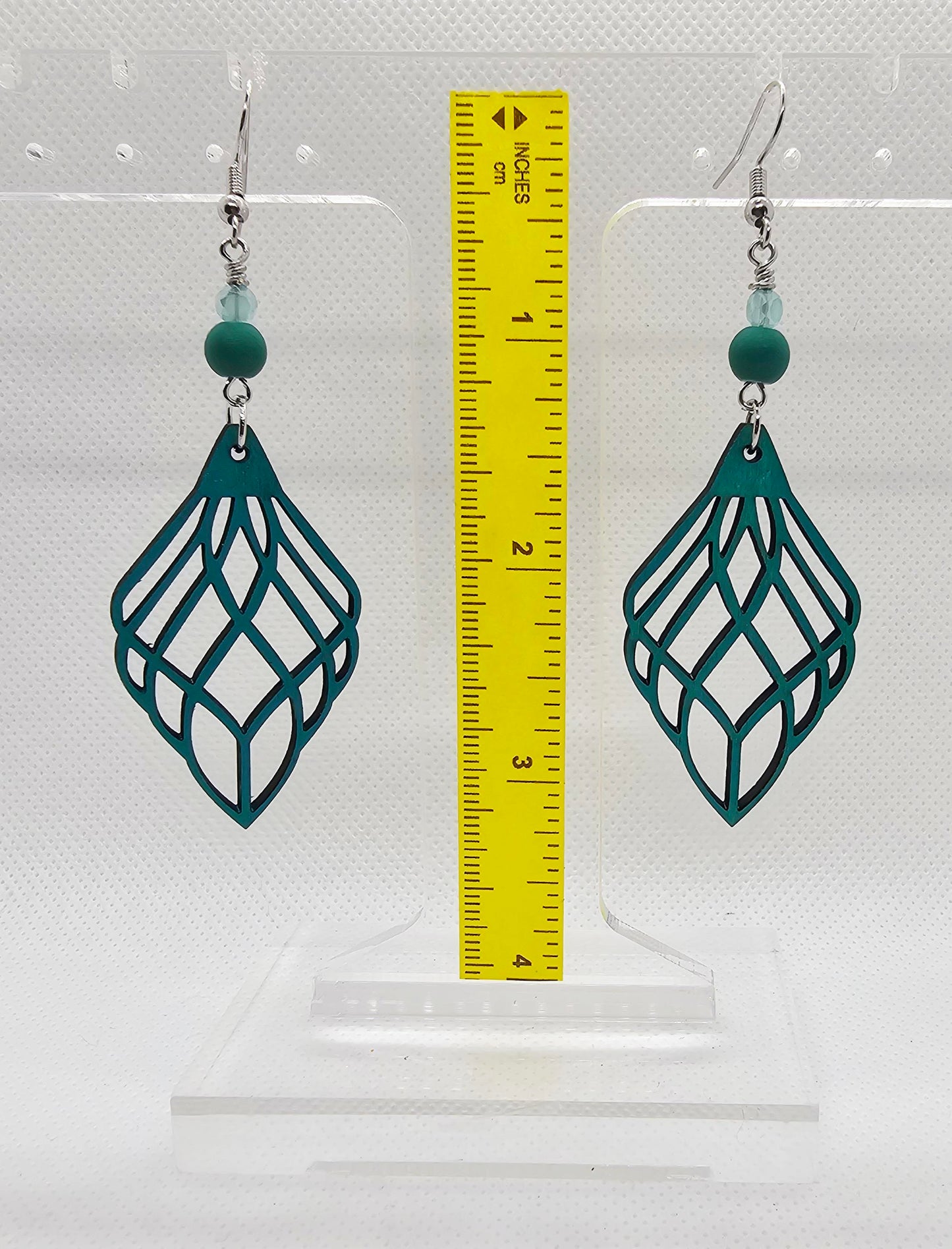 Hand-Painted Teal Color Teardrop Filigree Laser Cut Wooden Lightweight Earrings
