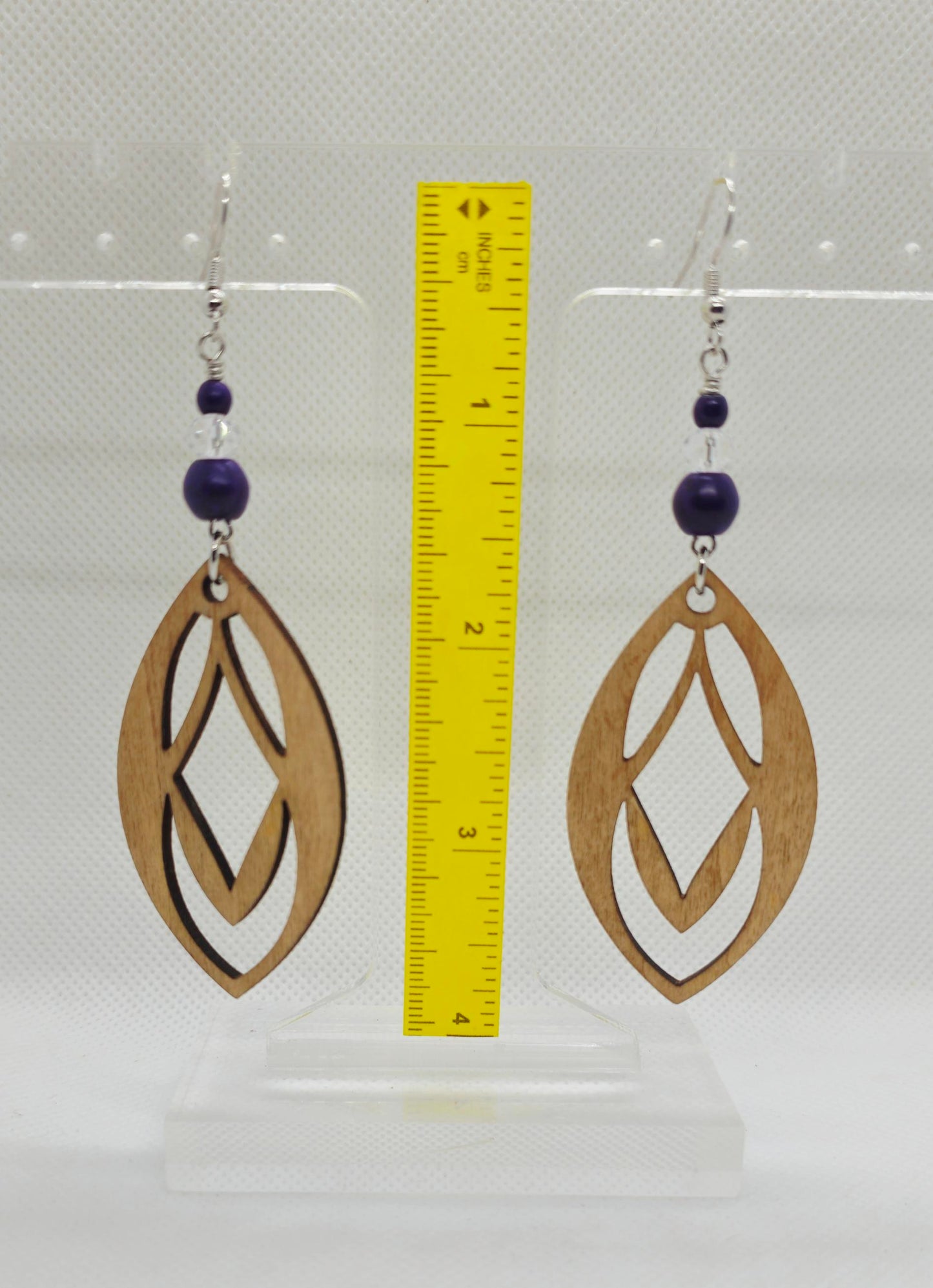 Wood Stained Dark Purple Beads Boho Teardrop Laser Cut Wooden Lightweight Earrings