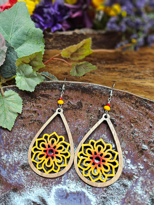 Hand-Painted Yellow and Red Flower Laser Cut Wooden Lightweight Earrings