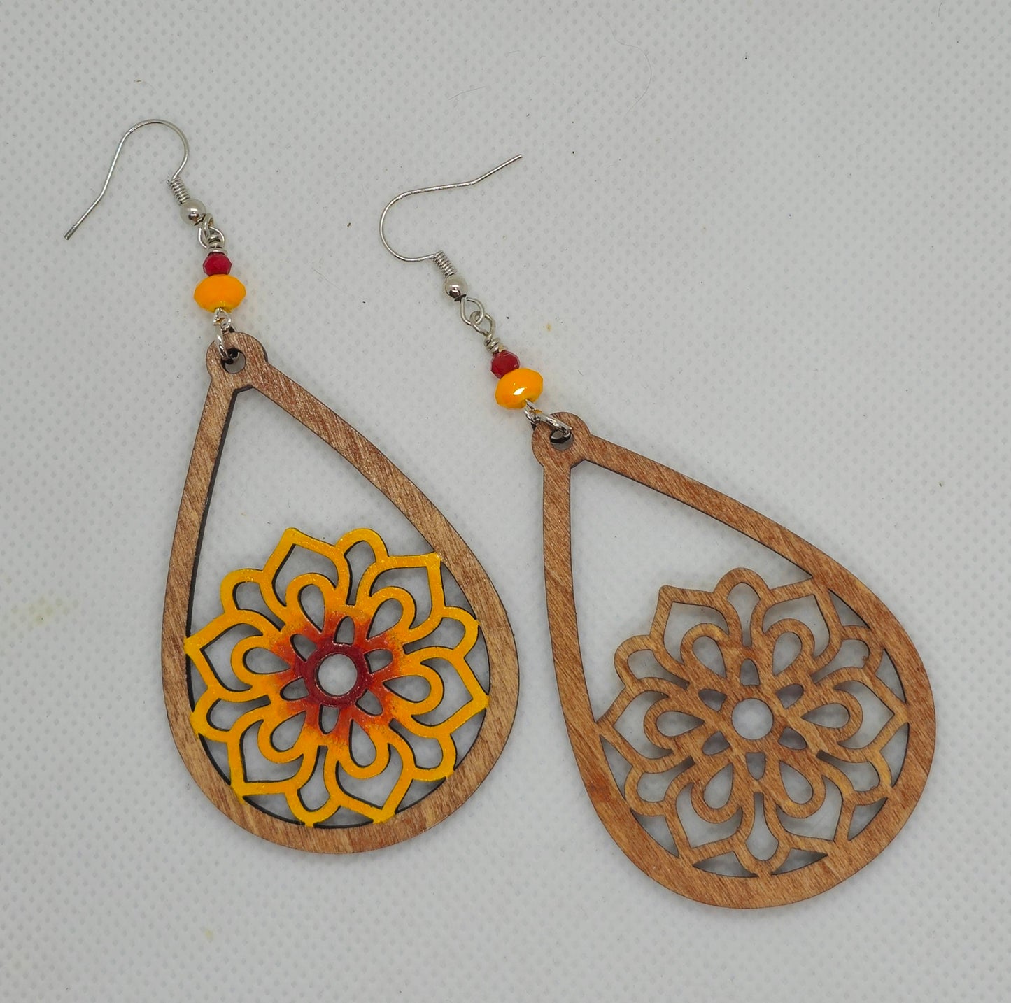 Hand-Painted Yellow and Red Flower Laser Cut Wooden Lightweight Earrings