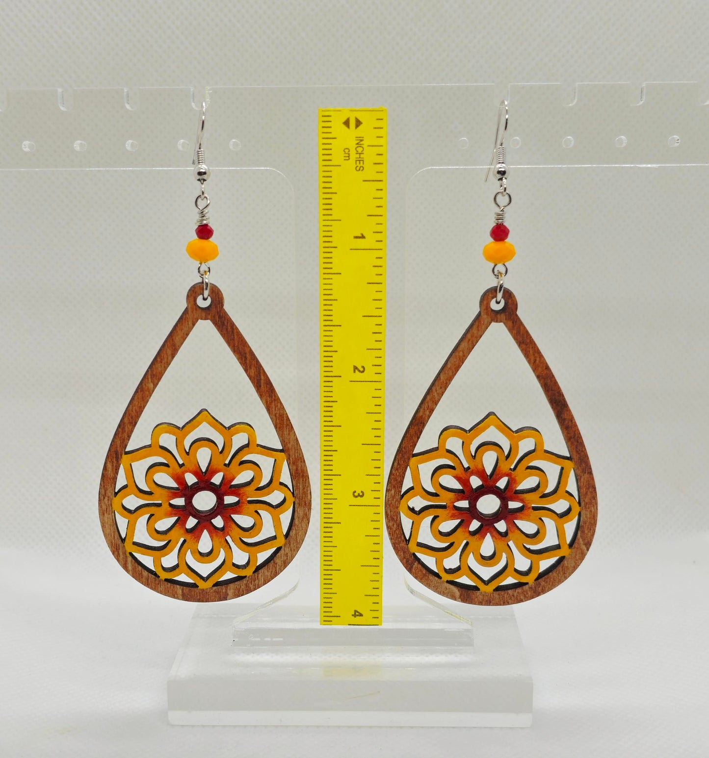 Hand-Painted Yellow and Red Flower Laser Cut Wooden Lightweight Earrings