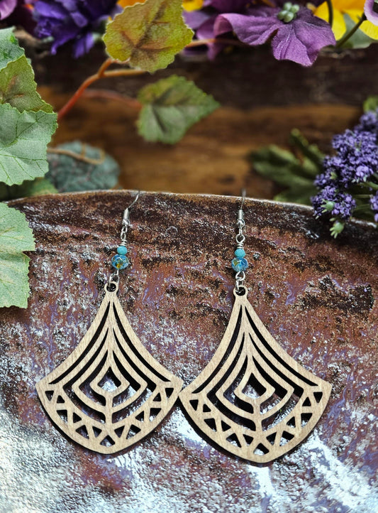 Wood Stained Turquoise Beads Boho Fan Teardrop Laser Cut Wooden Lightweight Earrings