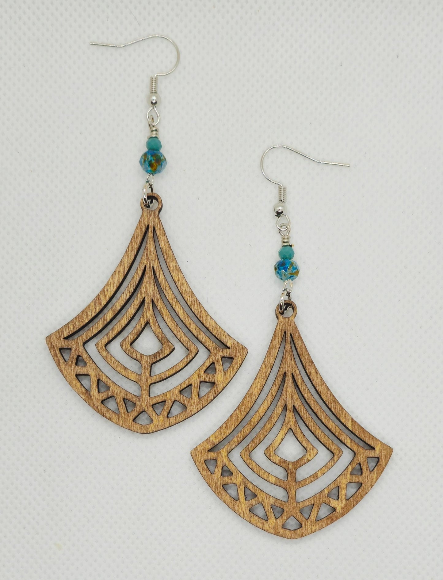 Wood Stained Turquoise Beads Boho Fan Teardrop Laser Cut Wooden Lightweight Earrings