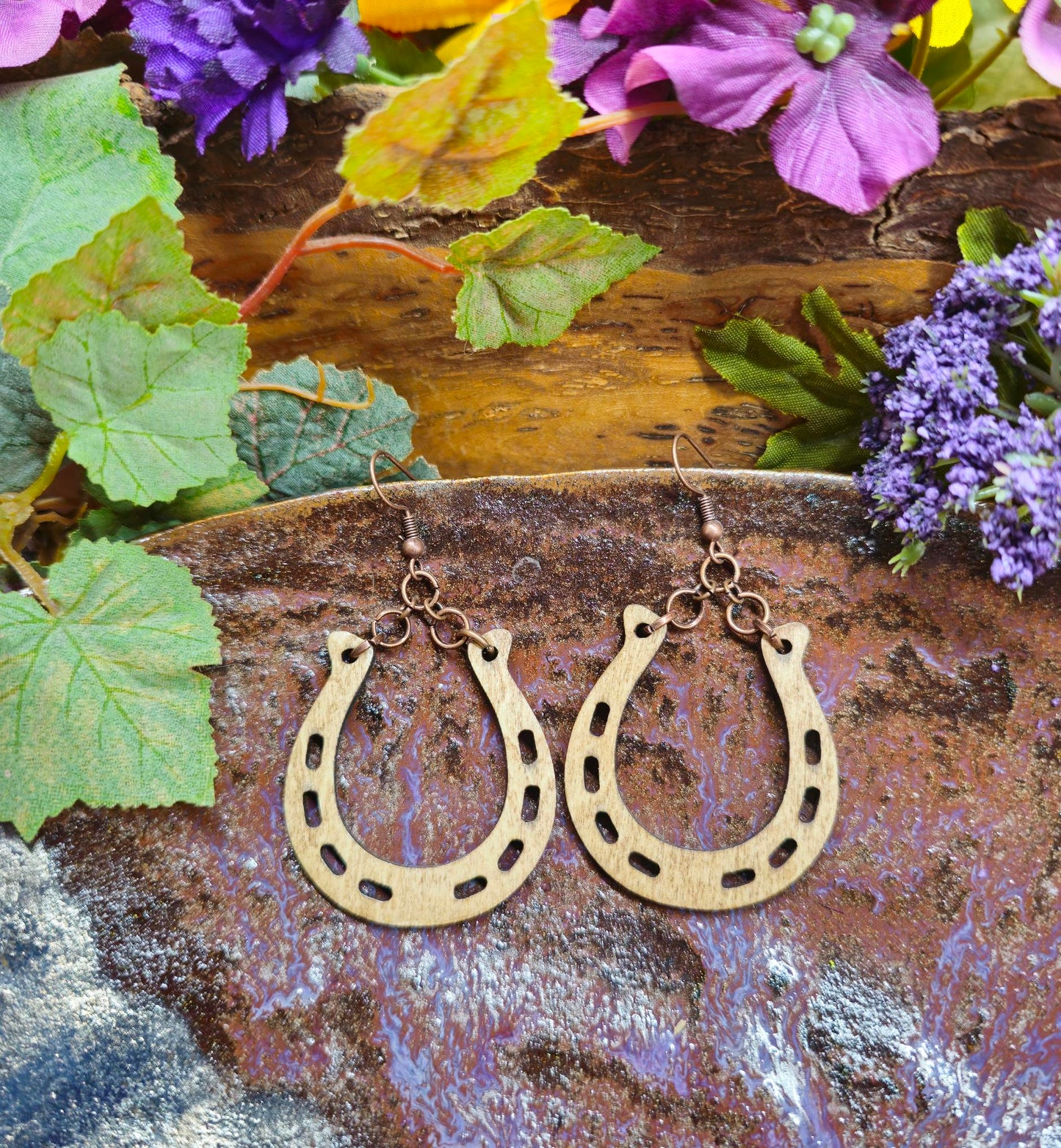 Horseshoe Shaped Laser Engraved Wooden Lightweight Earrings