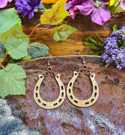 Horseshoe Shaped Laser Engraved Wooden Lightweight Earrings