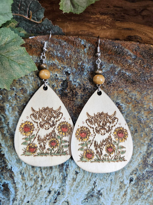 Highland Cow Hand Painted Laser Engraved Wooden Lightweight Earrings