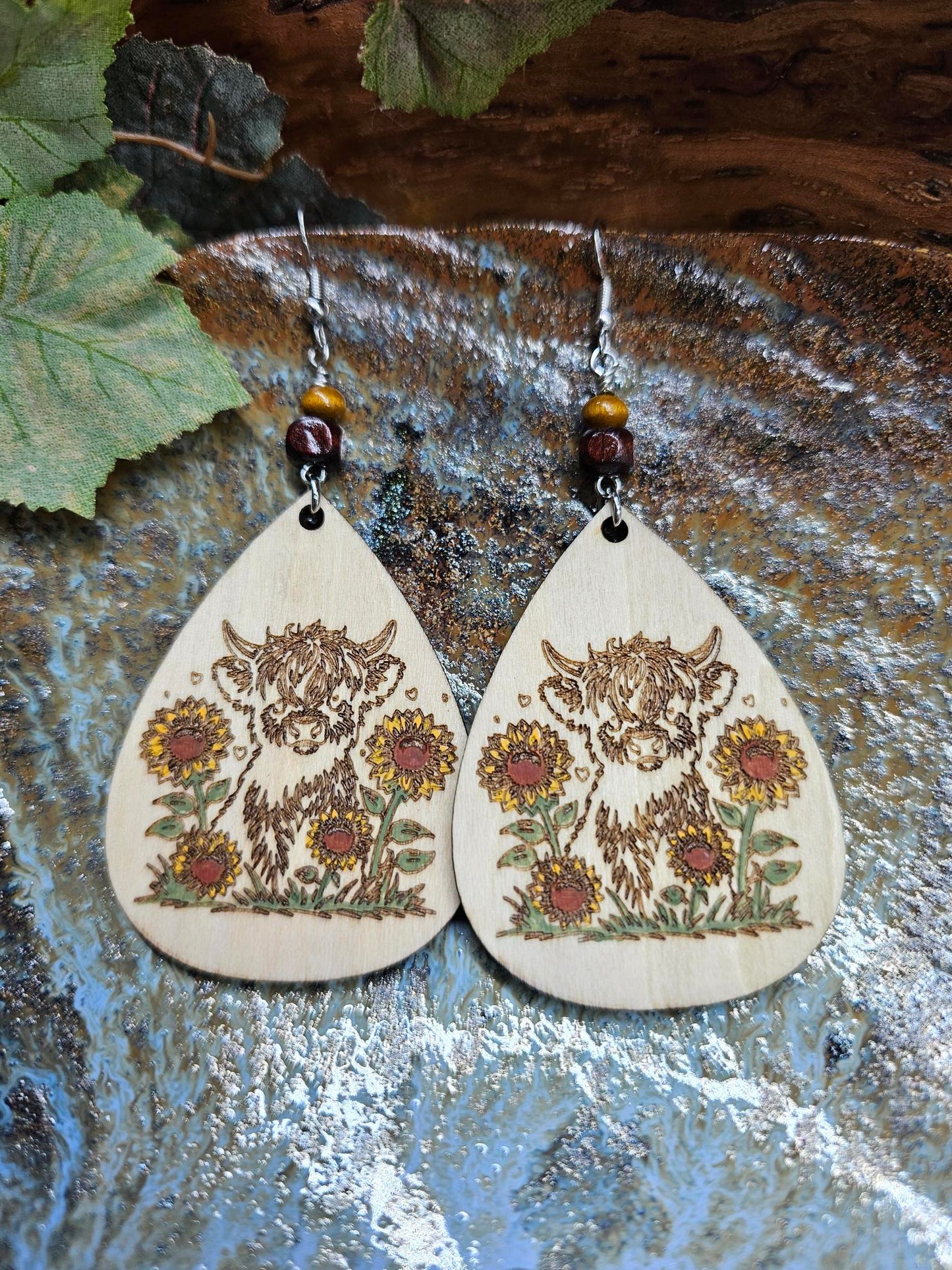 Highland Cow Hand Painted Laser Engraved Wooden Lightweight Earrings