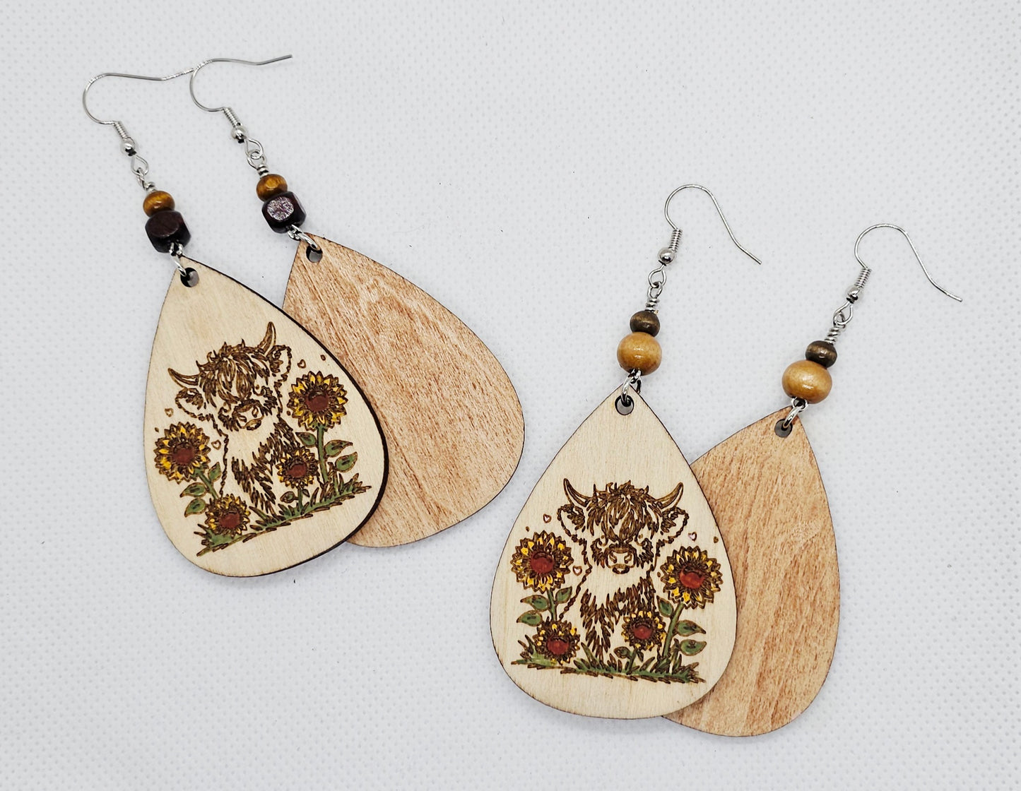 Highland Cow Hand Painted Laser Engraved Wooden Lightweight Earrings