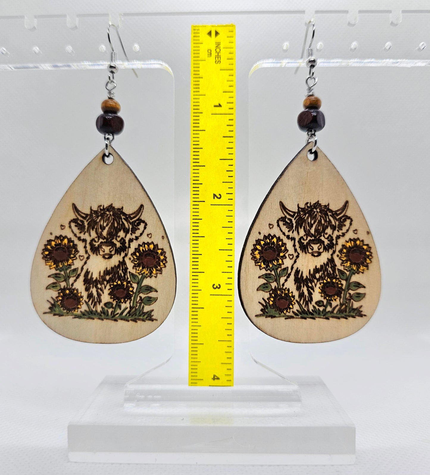 Highland Cow Hand Painted Laser Engraved Wooden Lightweight Earrings
