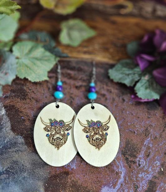 Highland Cow Hand Painted Laser Engraved Wooden Lightweight Earrings
