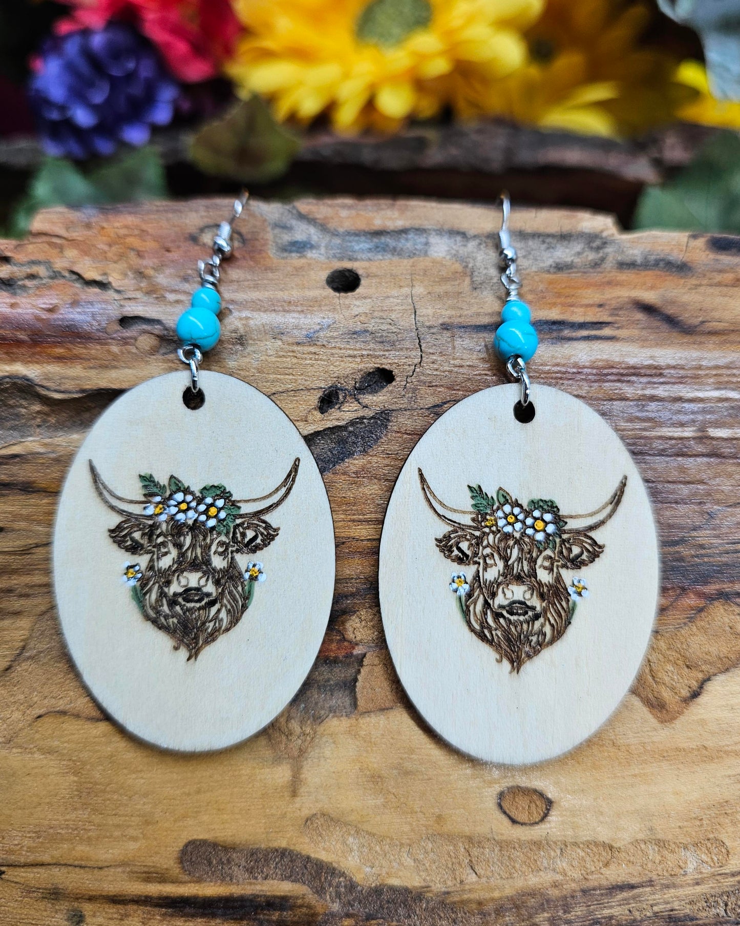 Highland Cow Hand Painted Laser Engraved Wooden Lightweight Earrings