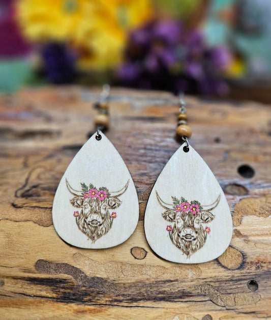 Highland Cow Hand Painted Laser Engraved Wooden Lightweight Earrings