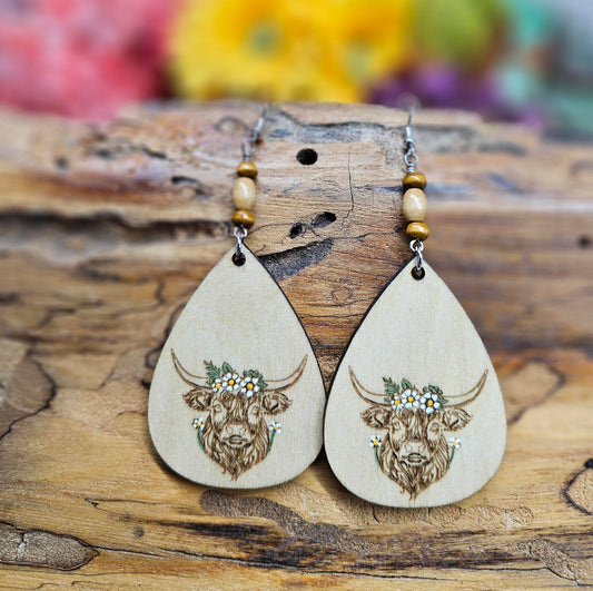 Highland Cow Hand Painted Laser Engraved Wooden Lightweight Earrings