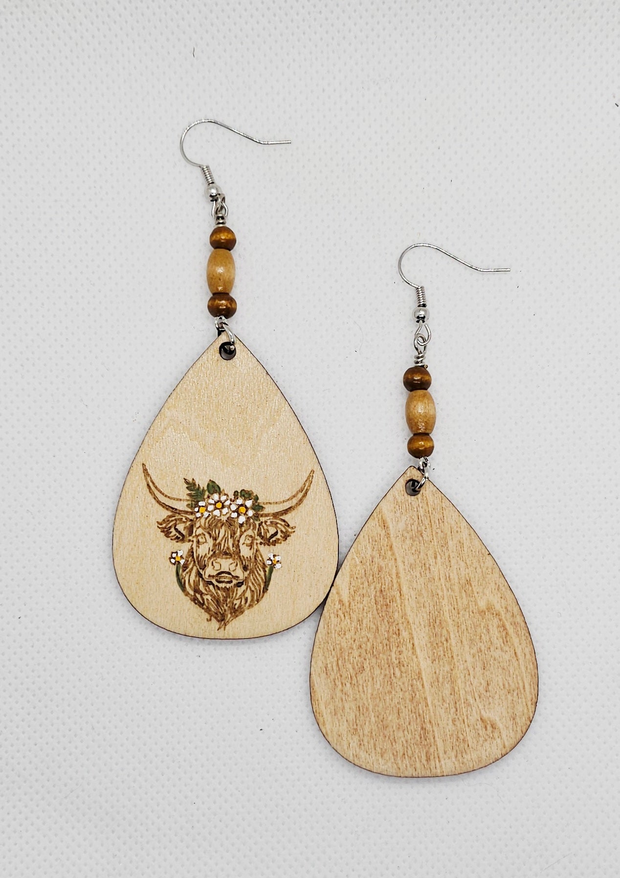 Highland Cow Hand Painted Laser Engraved Wooden Lightweight Earrings