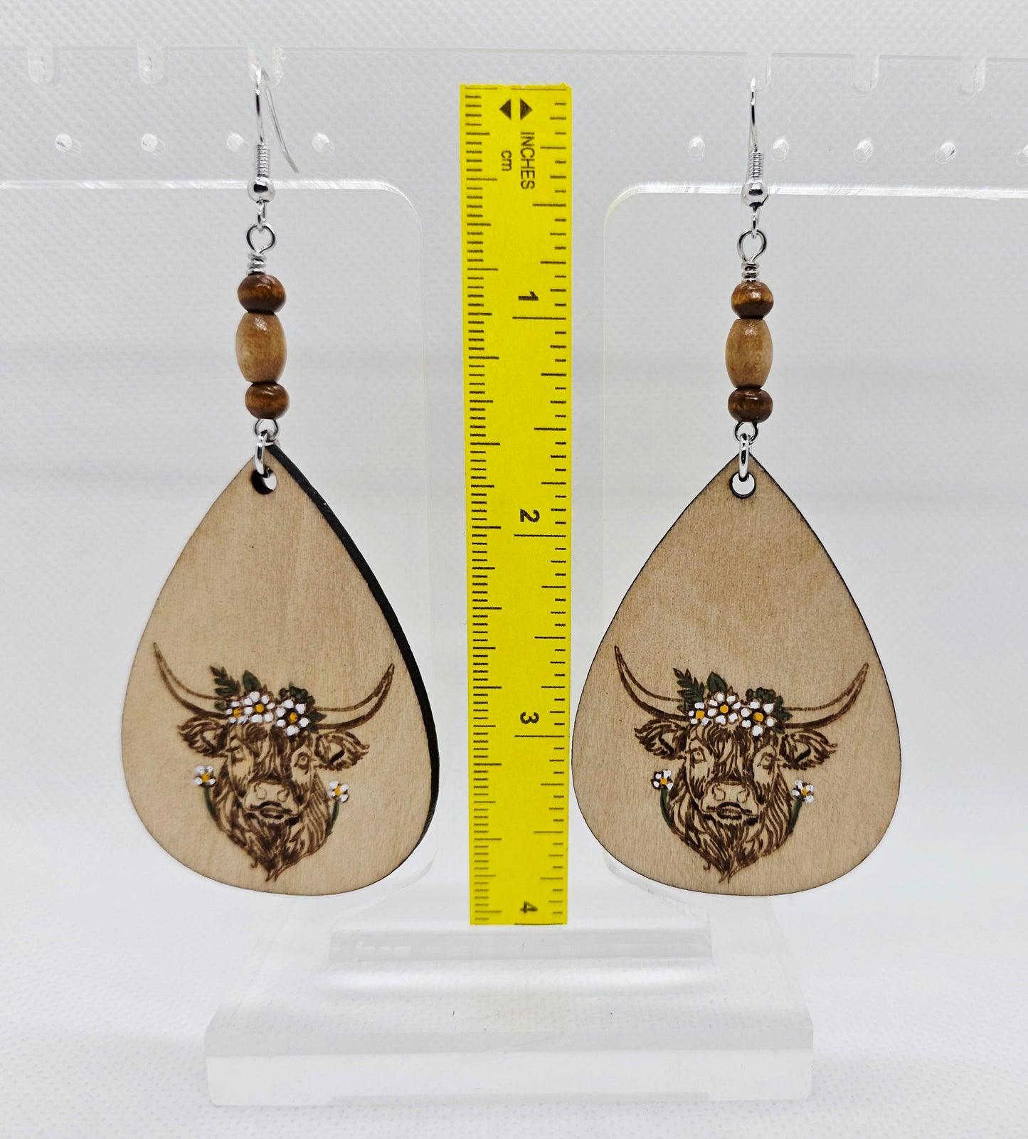 Highland Cow Hand Painted Laser Engraved Wooden Lightweight Earrings