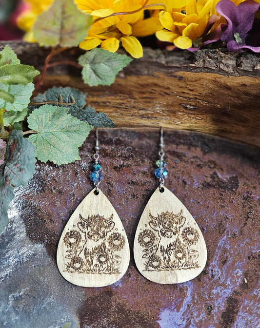 Highland Cow in Field of Sunflowers Laser Engraved Wooden Lightweight Earrings