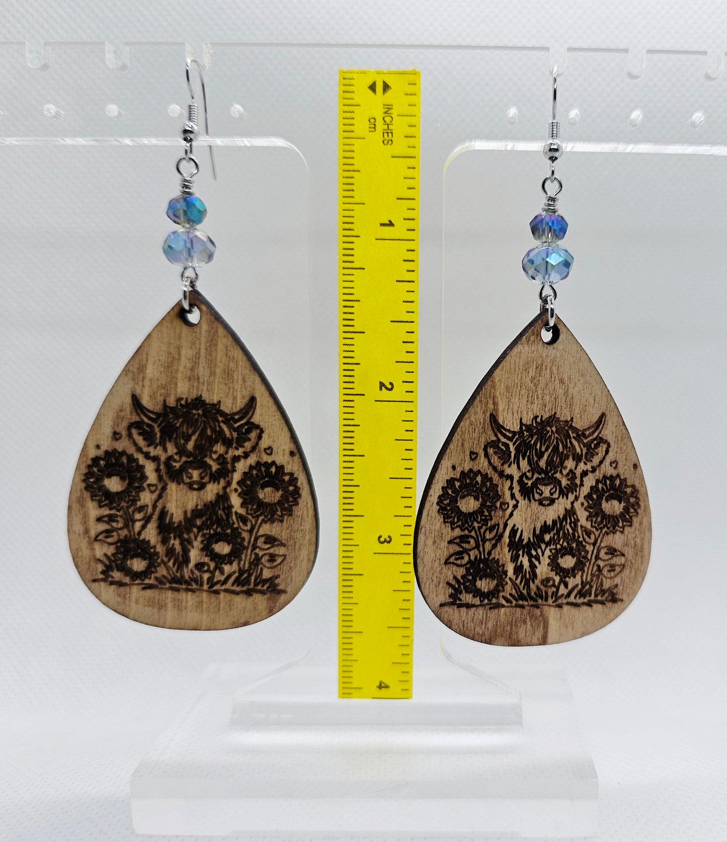 Highland Cow in Field of Sunflowers Laser Engraved Wooden Lightweight Earrings
