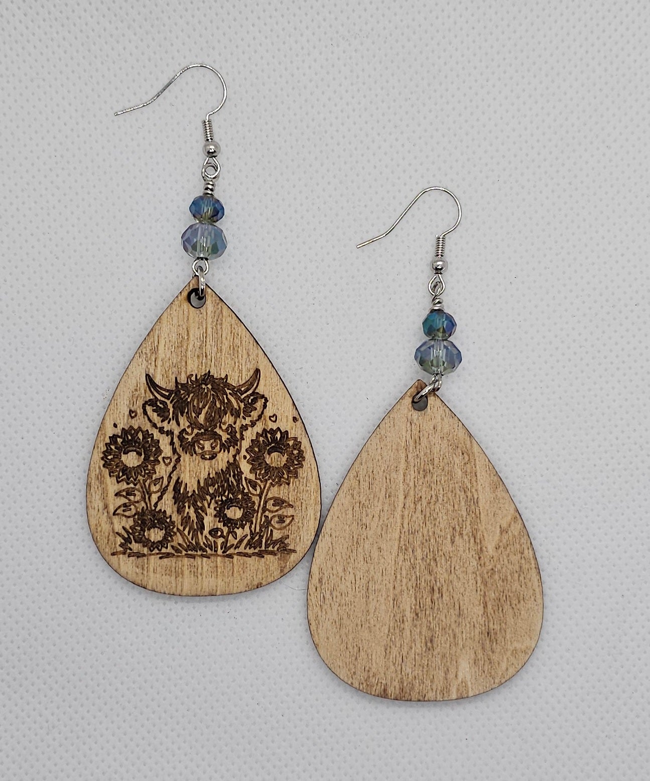 Highland Cow in Field of Sunflowers Laser Engraved Wooden Lightweight Earrings