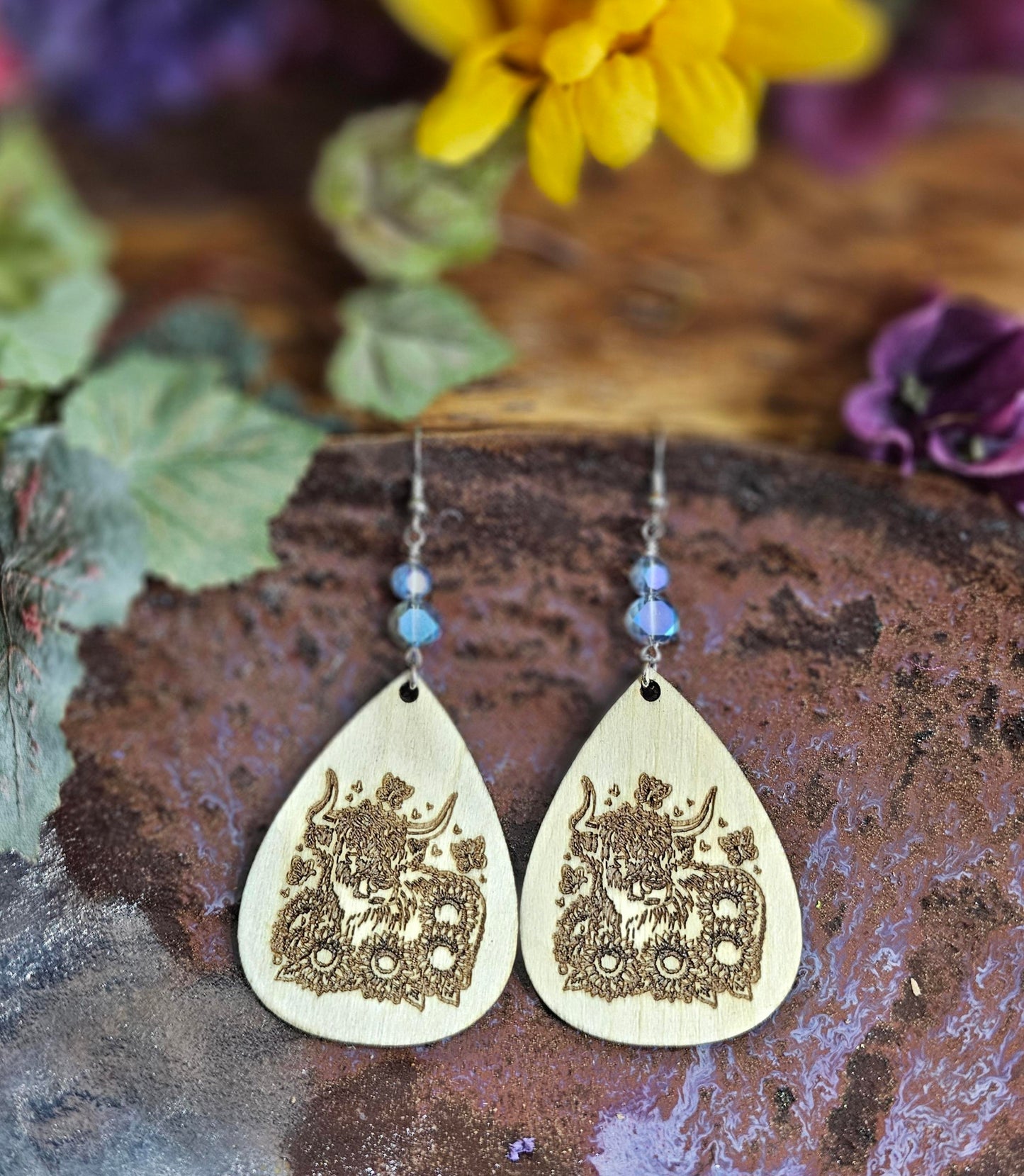 Cow in Field of Flowers Laser Engraved Wooden Lightweight Earrings