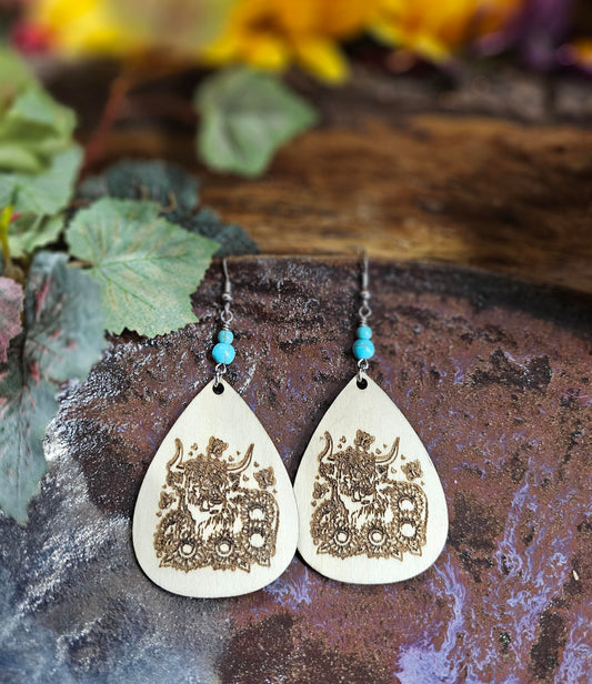 Cow in Field of Flowers Laser Engraved Wooden Lightweight Earrings