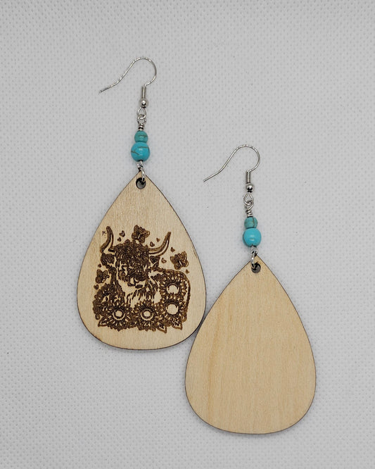 Cow in Field of Flowers Laser Engraved Wooden Lightweight Earrings