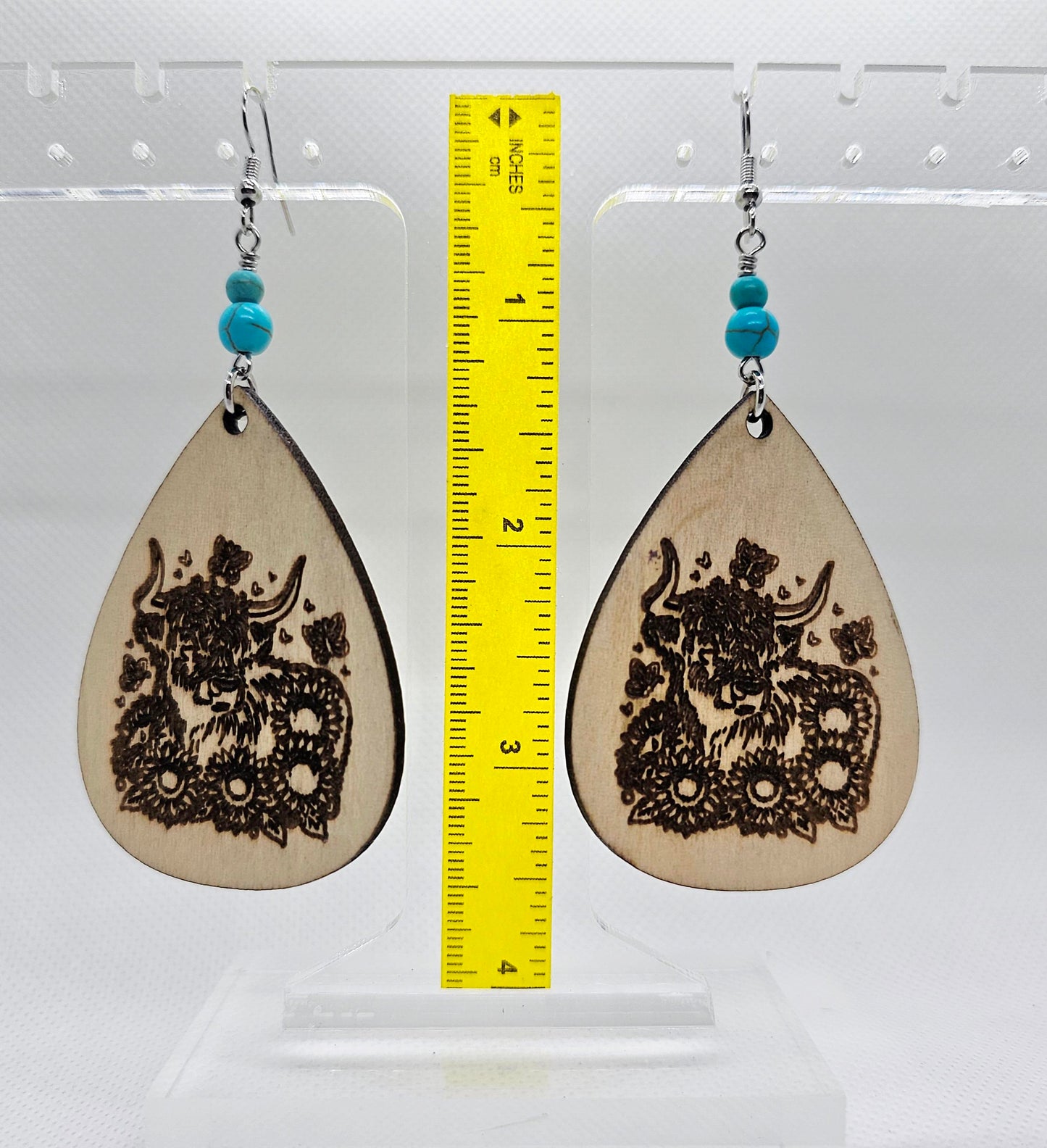 Cow in Field of Flowers Laser Engraved Wooden Lightweight Earrings