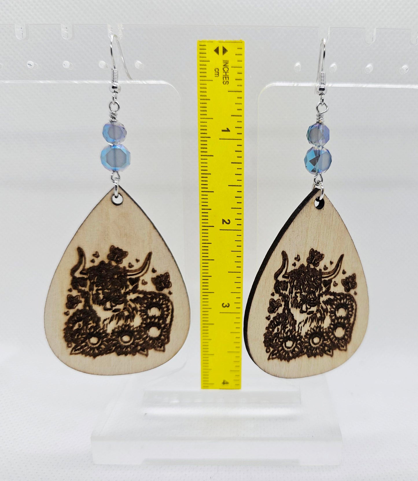 Cow in Field of Flowers Laser Engraved Wooden Lightweight Earrings