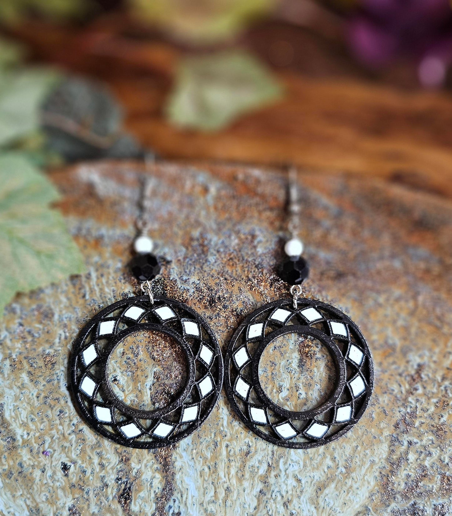 Hand-Painted Black and White Round Boho Laser Cut Wooden Lightweight Earrings