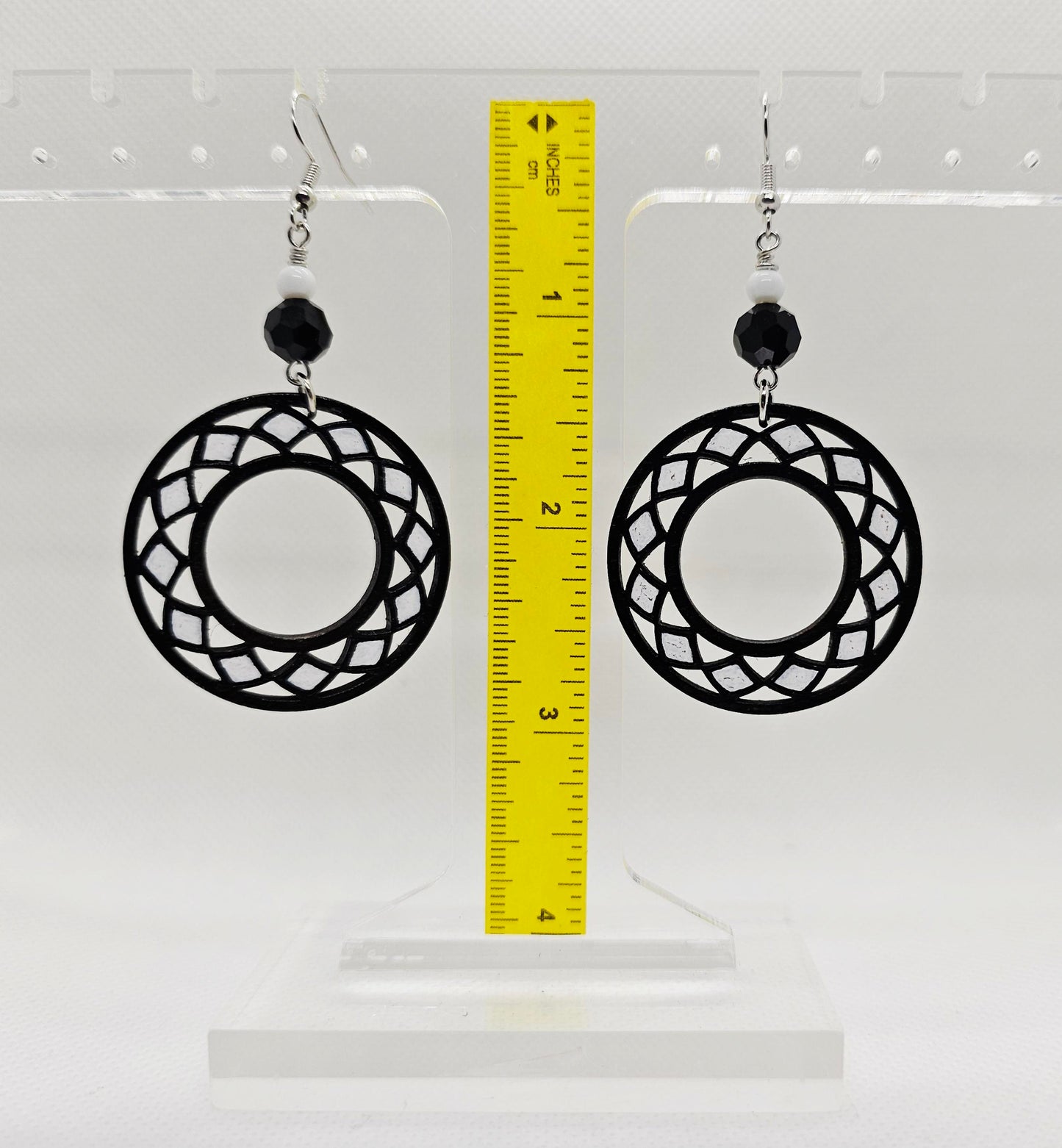 Hand-Painted Black and White Round Boho Laser Cut Wooden Lightweight Earrings