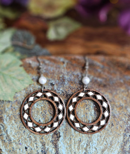 Hand-Painted Brown and Off-White Round Boho Laser Cut Wooden Lightweight Earrings