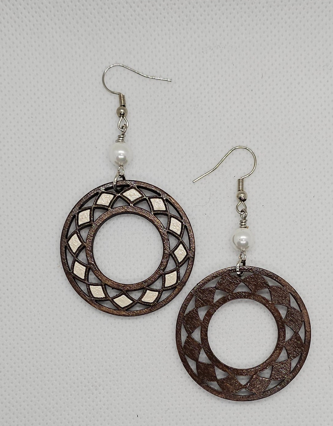 Hand-Painted Brown and Off-White Round Boho Laser Cut Wooden Lightweight Earrings