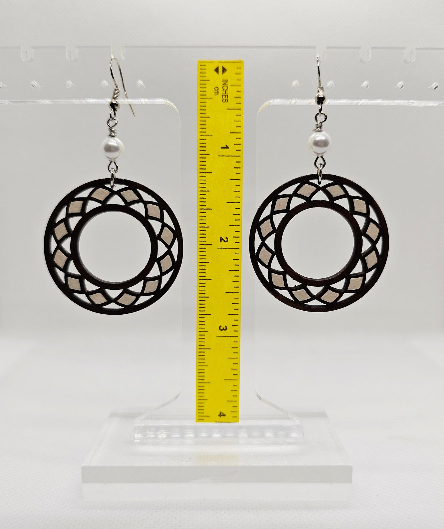 Hand-Painted Brown and Off-White Round Boho Laser Cut Wooden Lightweight Earrings