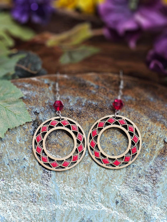 Hand-Painted Light Brown Stain and Red Round Boho Laser Cut Wooden Lightweight Earrings