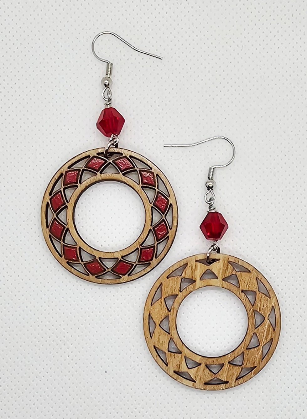 Hand-Painted Light Brown Stain and Red Round Boho Laser Cut Wooden Lightweight Earrings