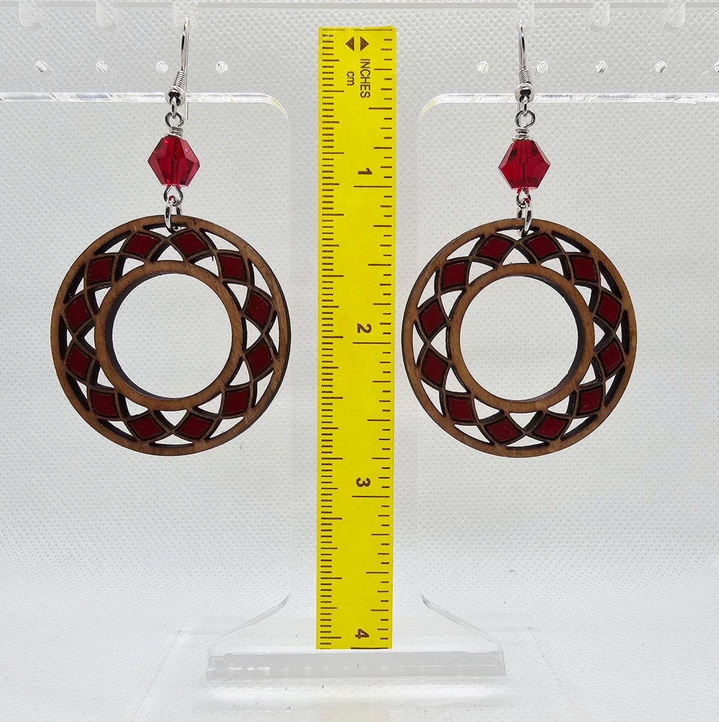 Hand-Painted Light Brown Stain and Red Round Boho Laser Cut Wooden Lightweight Earrings