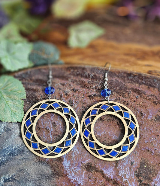 Hand-Painted Blue and Brown Round Boho Laser Cut Wooden Lightweight Earrings