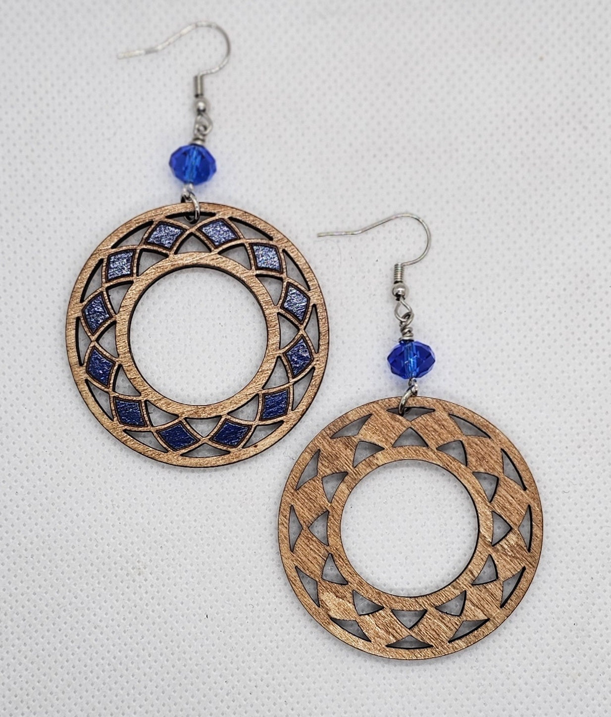 Hand-Painted Blue and Brown Round Boho Laser Cut Wooden Lightweight Earrings