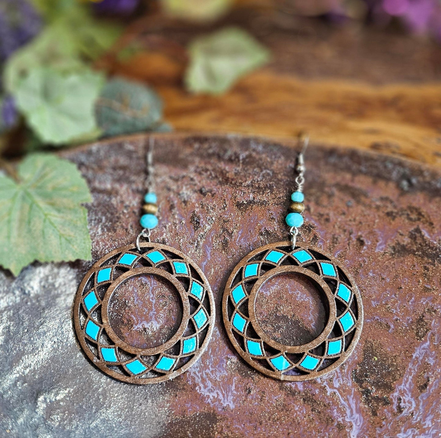 Hand-Painted Teal and Brown Round Boho Laser Cut Wooden Lightweight Earrings