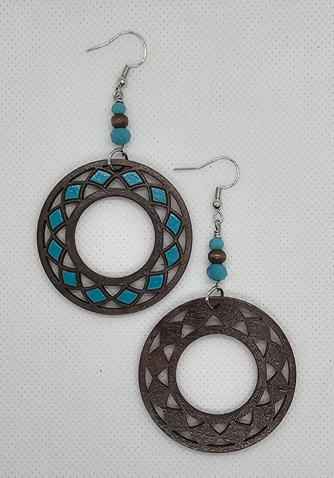 Hand-Painted Teal and Brown Round Boho Laser Cut Wooden Lightweight Earrings