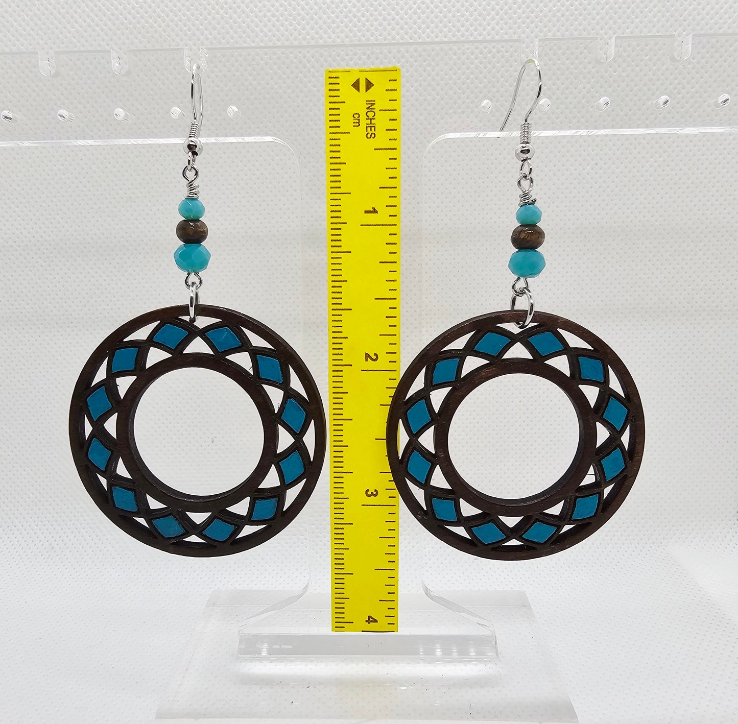 Hand-Painted Teal and Brown Round Boho Laser Cut Wooden Lightweight Earrings