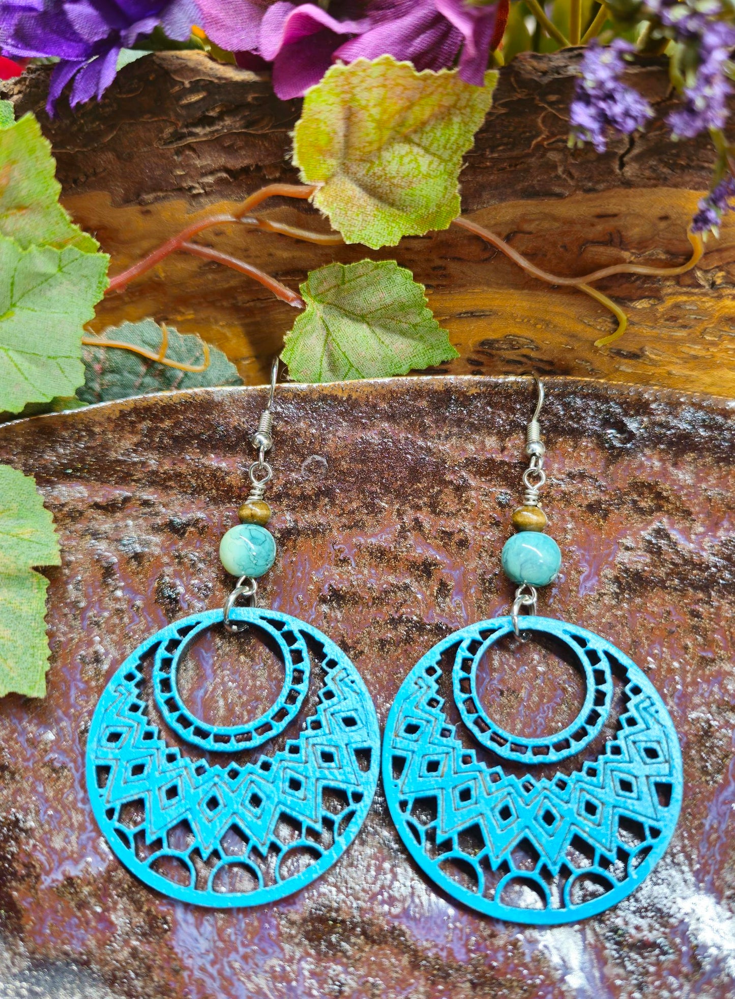 Hand-Painted Teal Color Mandala Filigree Laser Cut Wooden Lightweight Earrings