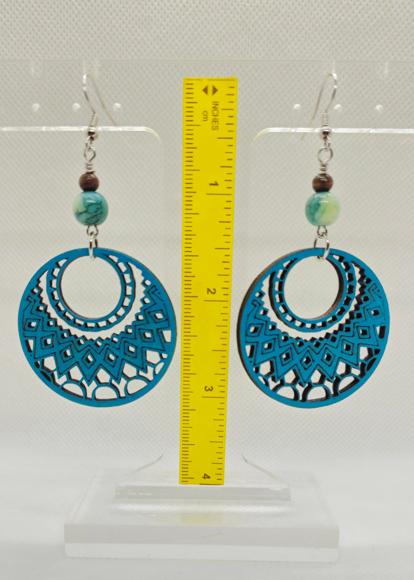 Hand-Painted Teal Color Mandala Filigree Laser Cut Wooden Lightweight Earrings