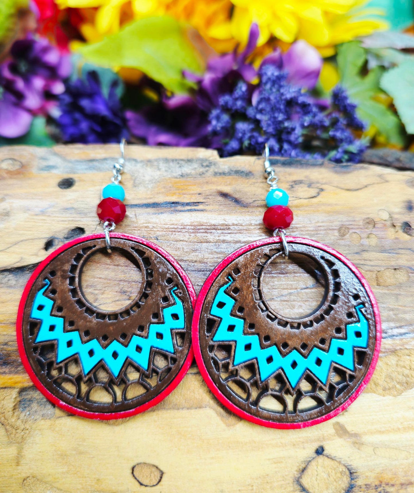 Hand-Painted Brown Teal and Red Mandala Filigree Laser Cut Wooden Lightweight Earrings
